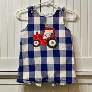 Mud Pie Baby Boy Blue Buffalo Check Tractor Applique Jon Jon Romper 6-9M